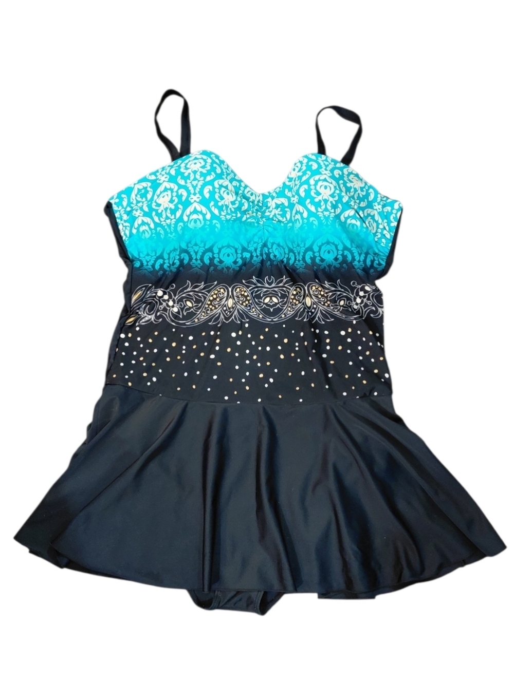 Plus Size Turquoise & Black One-Piece Swim Dress Size 22-24 Skirt Suit